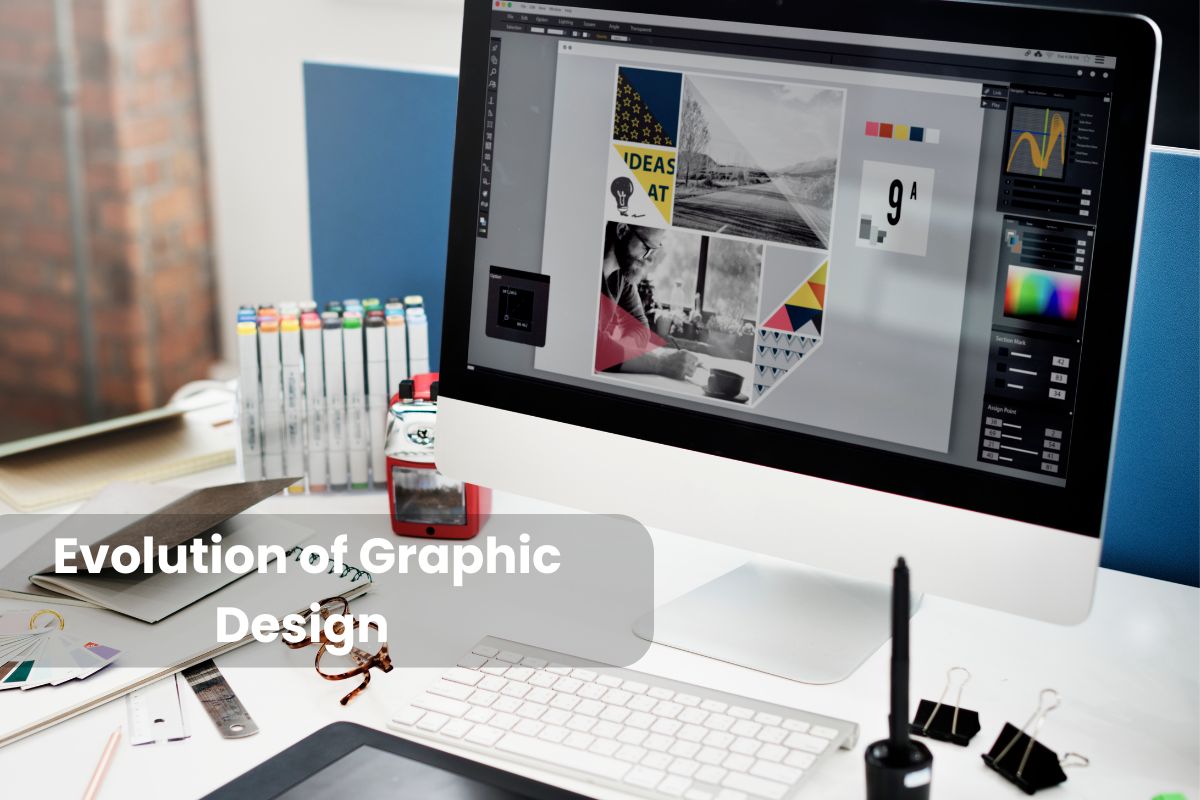 Timeline showing the evolution of graphic design from traditional print to modern digital media
